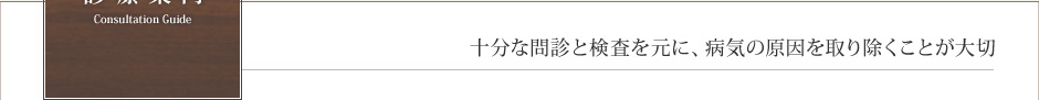 診療案内　Consultation Guide　十分な問診と検査を元に、病気の原因を取り除くことが大切